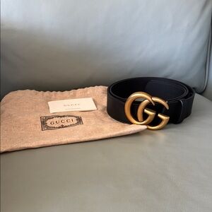 Gucci Black Leather Belt with Antique Gold Double G Buckle